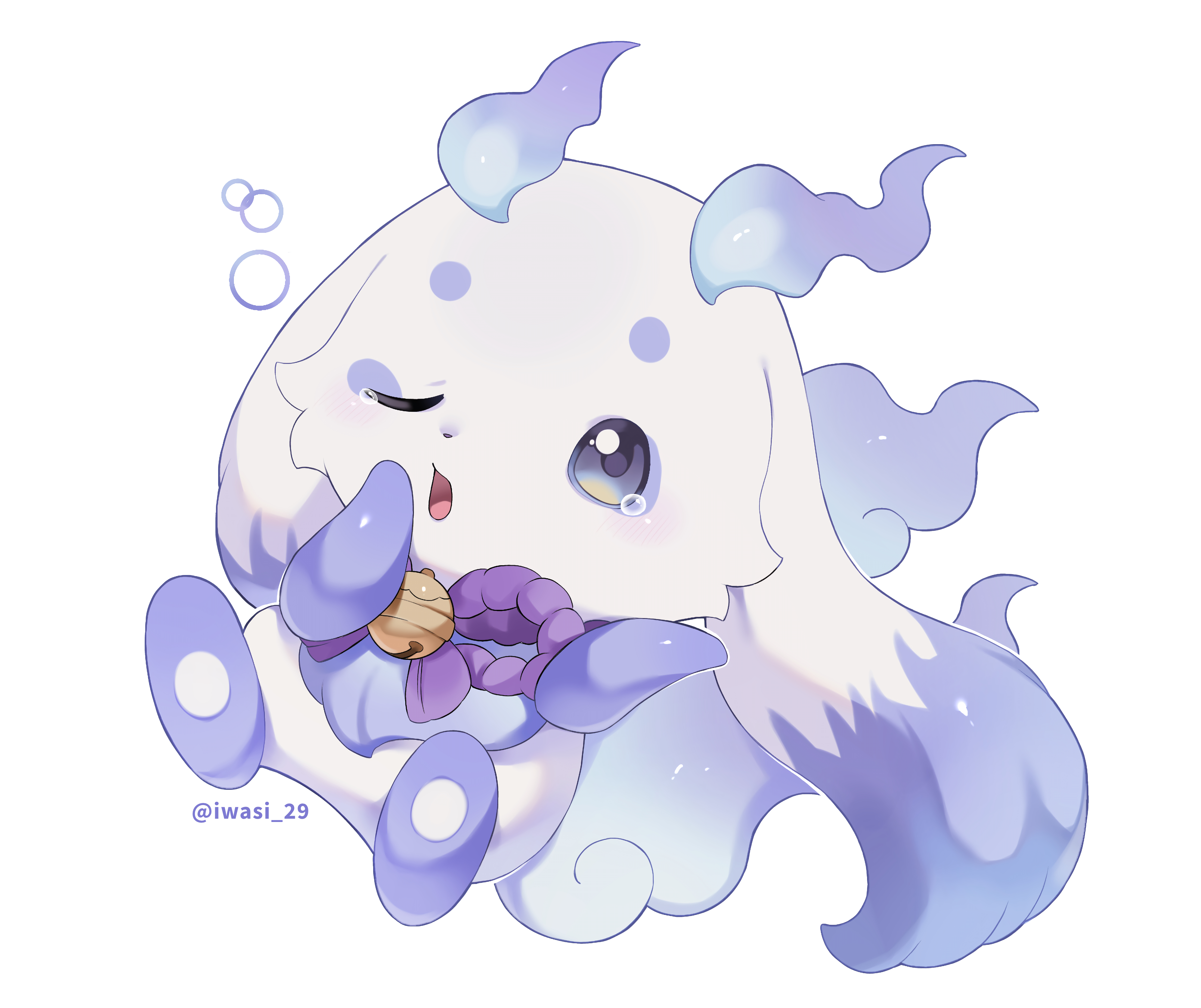 iwasi 29, lunlun (nijisanji), nijisanji, absurdres, commentary request, highres, 1other, bell, chibikemo, fire, full body, green eyes, neck bell, neck ribbon, one eye closed, open mouth, other focus, purple fire, purple ribbon, ribbon, simple background, sleepy, solo, squeans, twitter username, virtual youtuber, white background, yawning