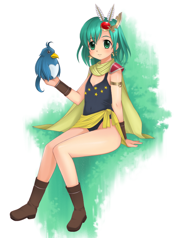 yokaze japan, rydia (ff4), rydia (young) (ff4), final fantasy, final fantasy iv, 1990s (style), aged down, bird, bird on hand, boots, cape, child, green eyes, green hair, retro artstyle, solo