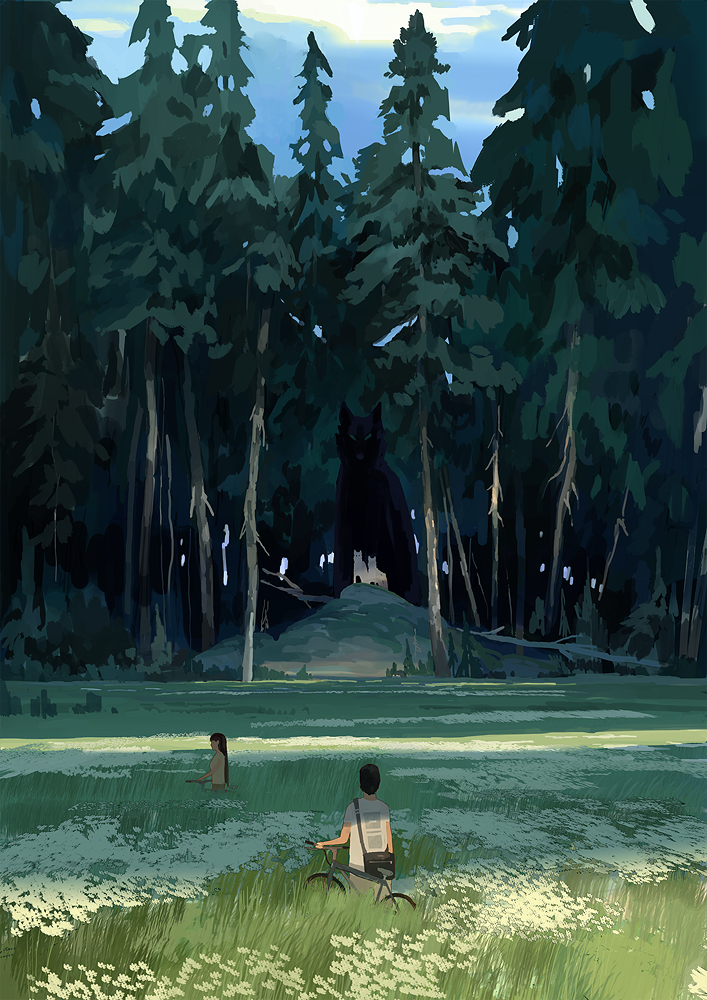 denis istomin, original, commentary, english commentary, 1boy, 1girl, animal, bag, bicycle, black hair, day, field, fir tree, flower, flower field, forest, grass, long hair, nature, outdoors, oversized animal, pushing bicycle, scenery, shade, shirt, short hair, shoulder bag, standing, straight hair, t-shirt, tree, very short hair, white flower, white shirt, wolf