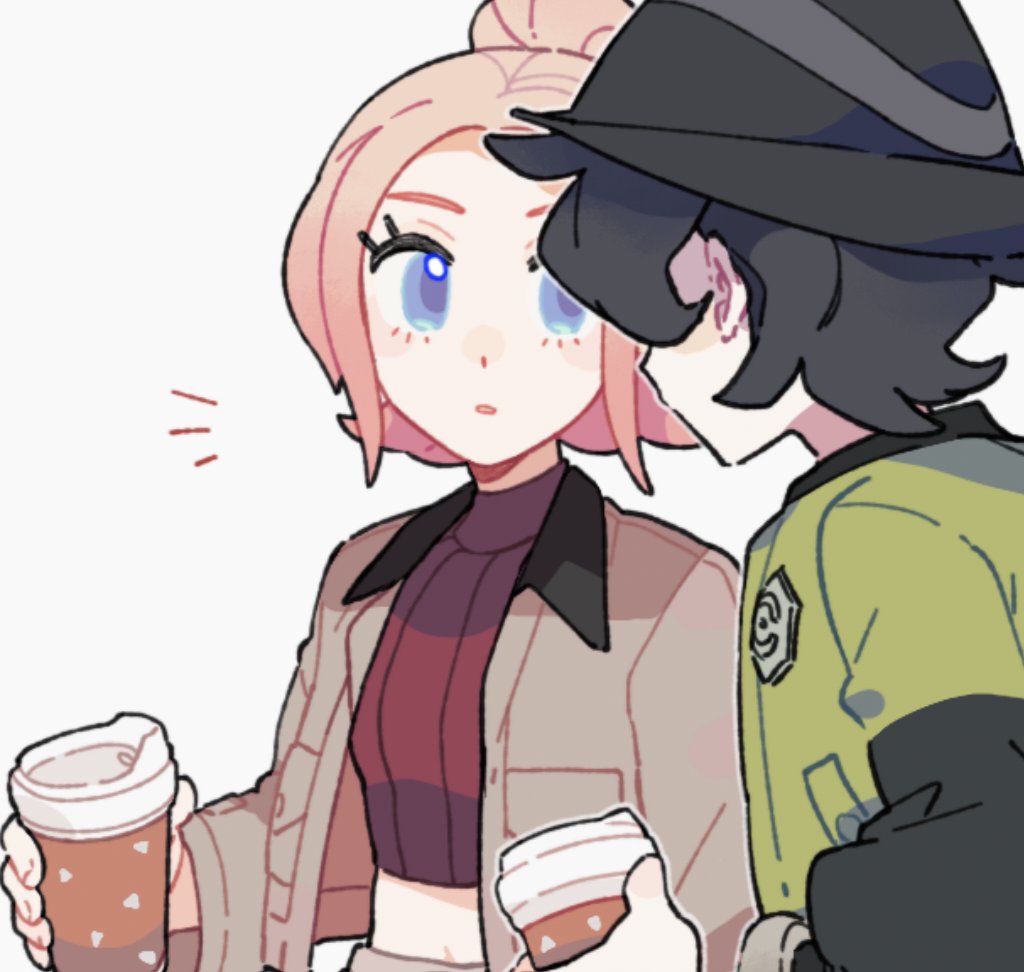 jiugong chi, paxton (pokemon), taunie (pokemon), nintendo, pokemon, pokemon legends: z-a, commentary request, 1boy, 1girl, black hair, black hat, blonde hair, blue eyes, brown jacket, collared jacket, cropped shirt, cup, disposable coffee cup, disposable cup, eyelashes, green jacket, hat, holding, jacket, long sleeves, looking at another, notice lines, open clothes, open jacket, open mouth, red shirt, ribbed shirt, shirt, simple background, white background