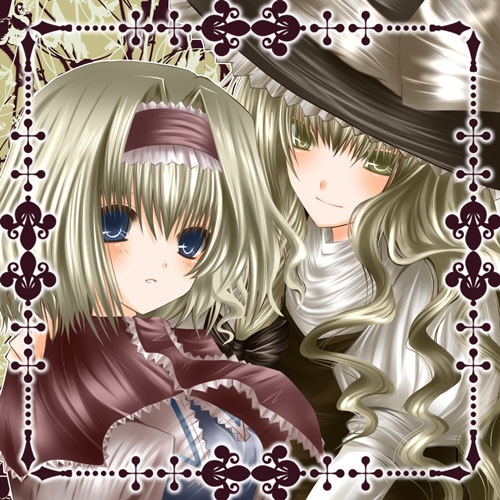 nanase nao, alice margatroid, kirisame marisa, touhou, bad id, bad pixiv id, lowres, 2girls, blonde hair, blue eyes, female focus, hairband, hat, long hair, multiple girls, short hair, witch, witch hat, yellow eyes