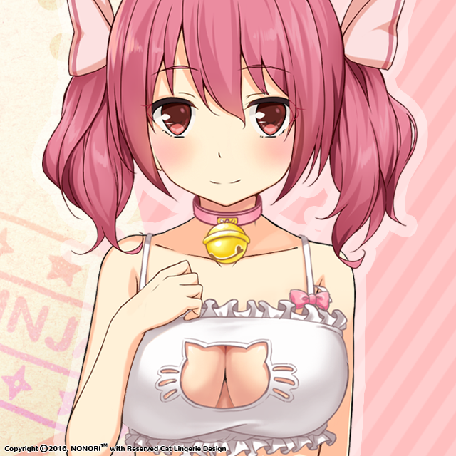 momochi myu, moe! ninja girls, official art, 1girl, bare arms, bare shoulders, bell, blush, bra, breasts, cat cutout, cat lingerie, choker, cleavage cutout, closed mouth, clothing cutout, frilled bra, frills, looking at viewer, neck bell, pink eyes, pink hair, short twintails, solo, straight-on, twintails, underwear, underwear only, upper body, white bra