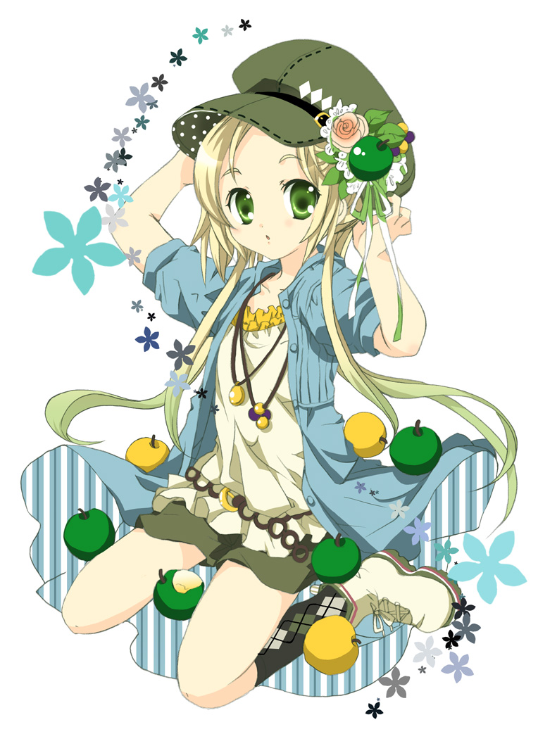 izumi rei, original, bad id, bad pixiv id, 1girl, apple, argyle clothes, argyle socks, blonde hair, child, female focus, flower, food, food-themed clothes, food-themed hair ornament, fruit, green eyes, hair ornament, hat, long hair, socks, solo