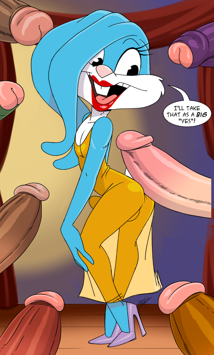 aeolus, buster bunny, tiny toon adventures, multiple penises, highres, third-party edit, blue fur, buck teeth, bulge, crossdressing, crossdressing (mtf), disembodied penis, dress, erection, erection under clothes, gold dress, high heels, imminent penetration, lipstick, makeup, penis, rabbit ears, size difference, speech bubble, teeth, yaoi