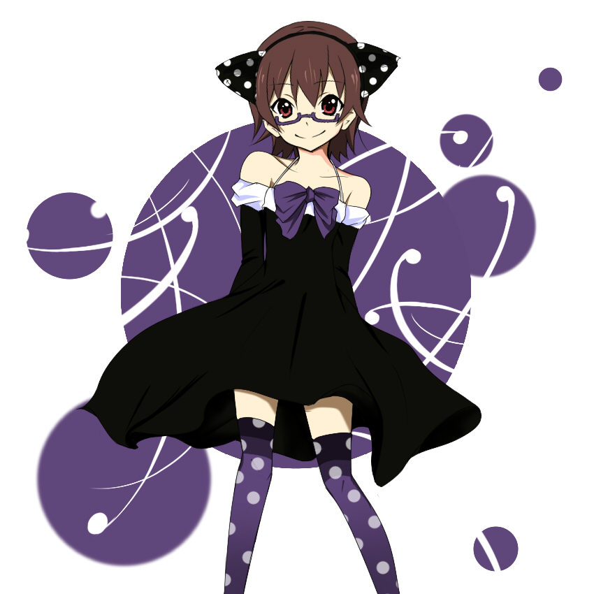 moka (toybox), manabe nodoka, k-on!, polka dot legwear, bad id, bad pixiv id, 00s, 1girl, animal ears, black dress, brown hair, cat ears, dress, female focus, glasses, hairband, patterned legwear, polka dot, purple-framed eyewear, short hair, solo, thighhighs, zettai ryouiki