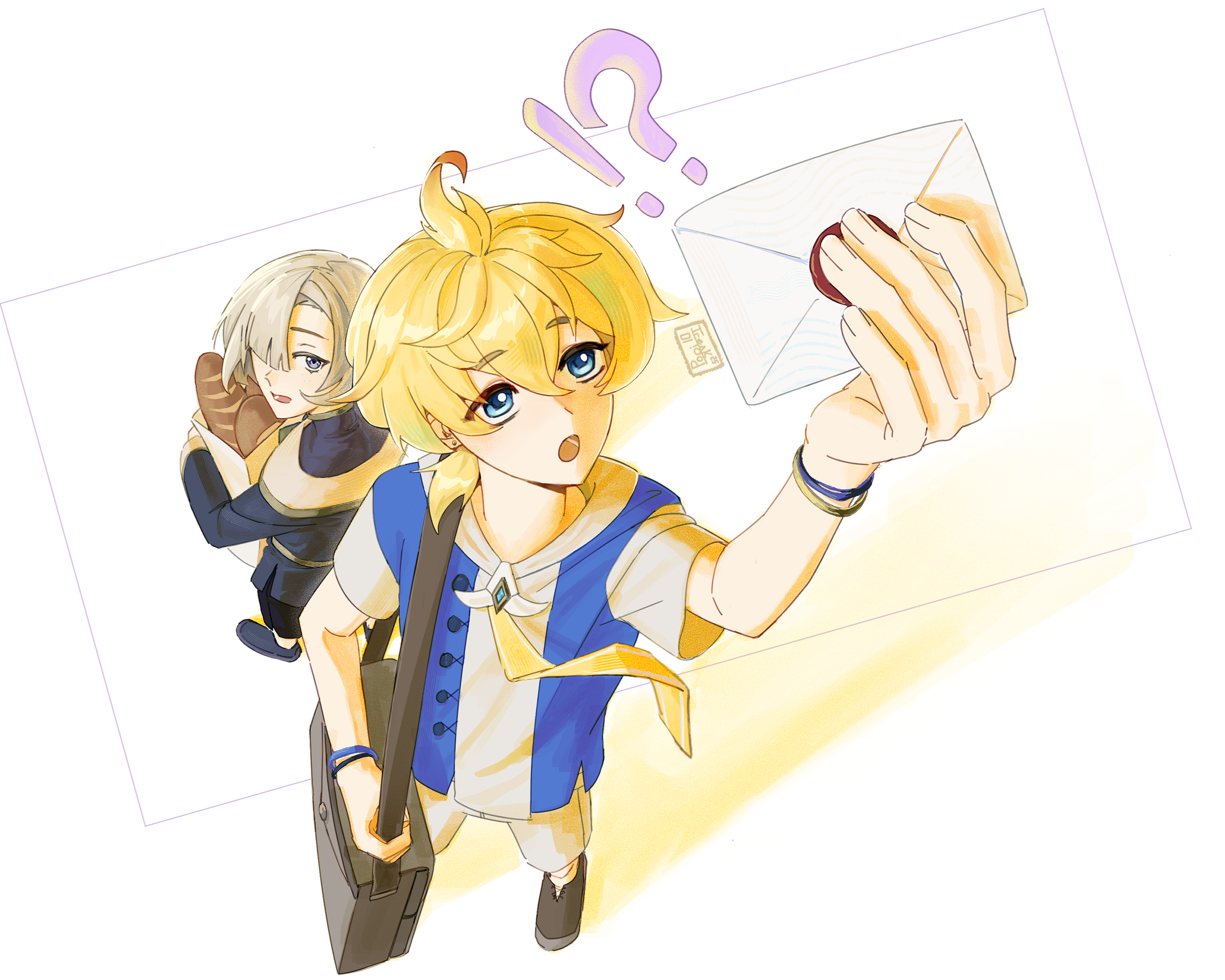 freminet (genshin impact), mika (genshin impact), genshin impact, highres, 2boys, ahoge, blonde hair, blue eyes, freckles, gloves, hair between eyes, hair over one eye, holding, jacket, long sleeves, looking at viewer, male focus, multiple boys, open mouth, ponytail, purple eyes, short hair, shorts, simple background, white background