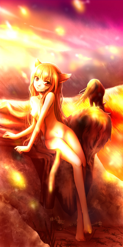 holo, spice and wolf, 00s, animal ears, barefoot, long hair, nude, red eyes, solo, tail, wolf ears, wolf tail