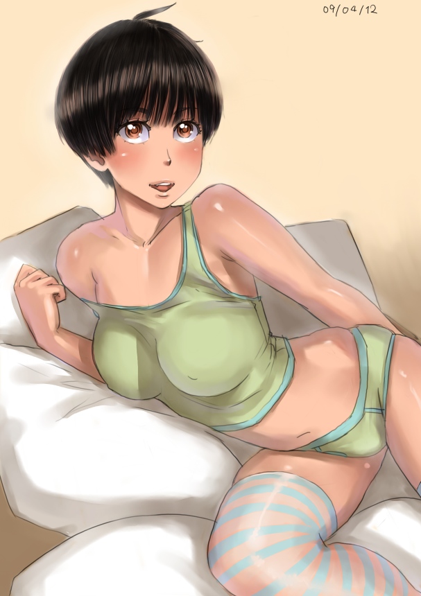 zenkou, ayumu (zenkou), original, 1girl, ahoge, black hair, bottomless, breasts, brown eyes, cleavage, dated, female focus, green panties, large breasts, looking at viewer, lying, on side, open mouth, panties, pillow, shiny skin, short hair, skindentation, smile, solo, striped clothes, striped thighhighs, tank top, thighhighs, underwear, yellow background