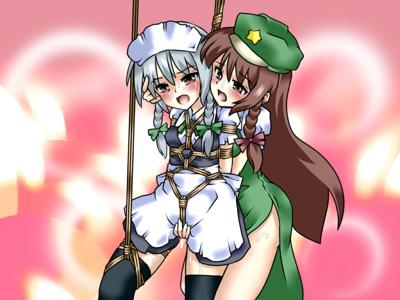 lilish, hong meiling, izayoi sakuya, embodiment of scarlet devil, touhou, black legwear, 2girls, arms behind back, bdsm, bondage, bound, box tie, crotch rope, female focus, multiple girls, rope, shibari, sweat, tears, thighhighs, yuri