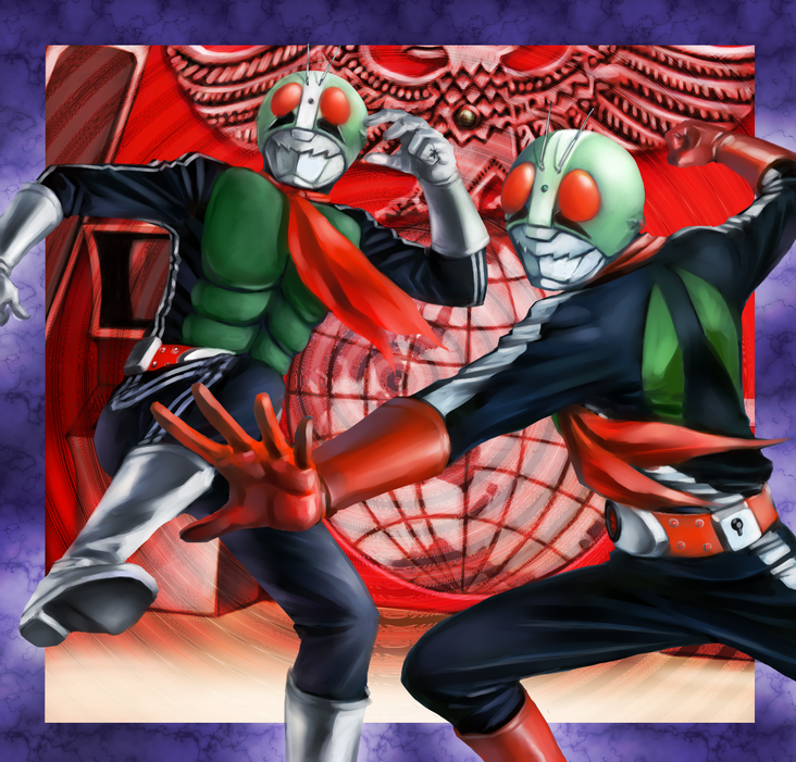 yusao, kamen rider 1, kamen rider 2, kamen rider, kamen rider (1st series), 2boys, belt, multiple boys, scarf