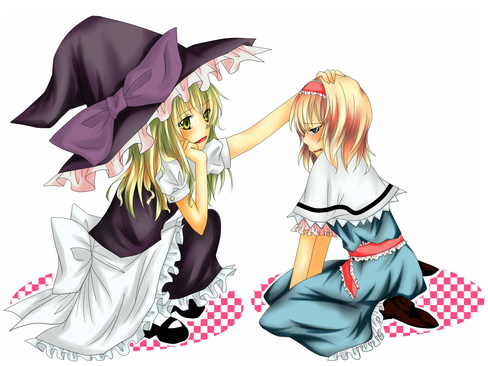 nonomiya, alice margatroid, kirisame marisa, touhou, bad id, bad pixiv id, 2girls, blonde hair, blue eyes, blush, capelet, female focus, hairband, hat, headpat, long hair, multiple girls, short hair, tears, witch, witch hat, yellow eyes