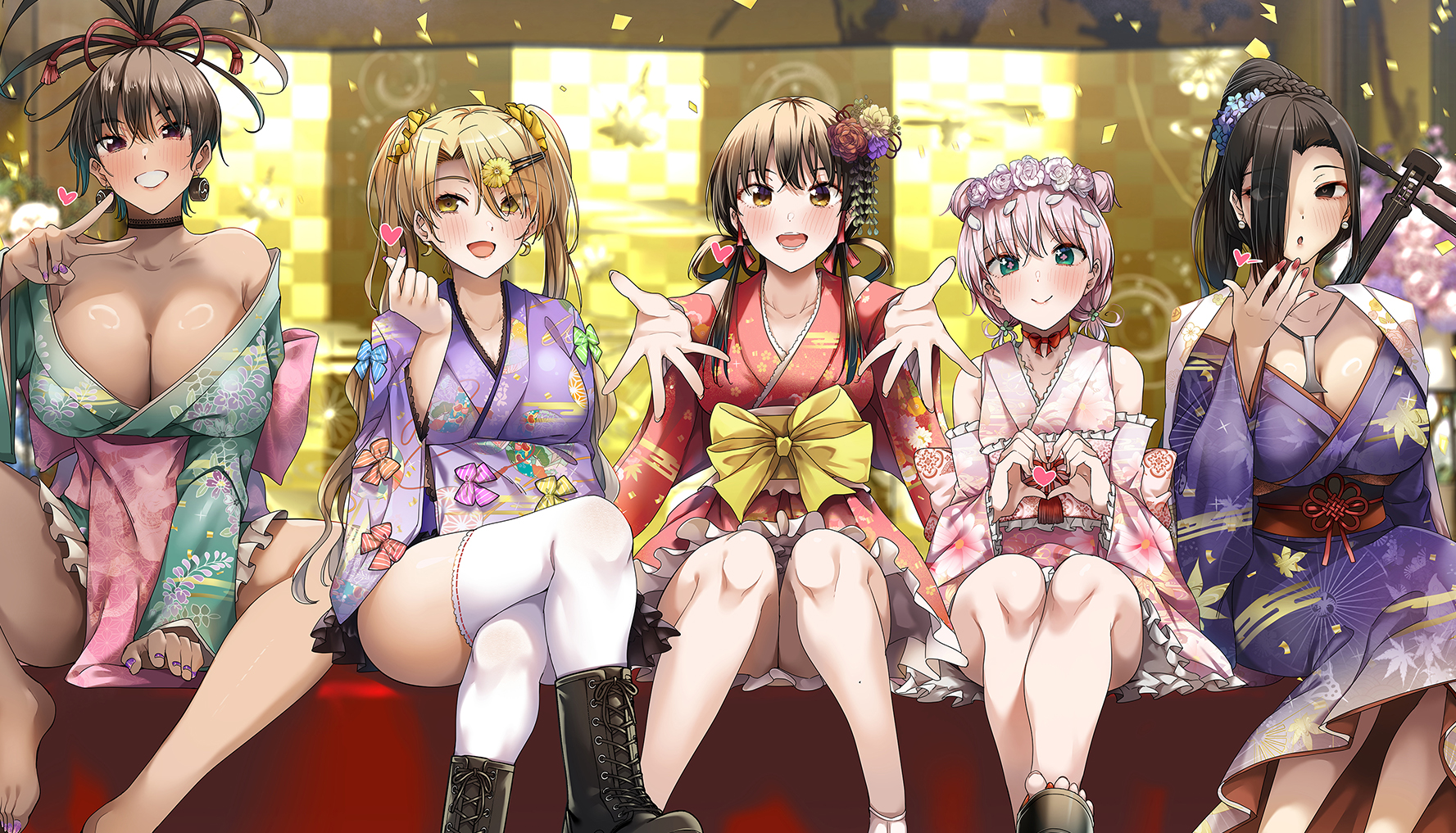 ryouma (galley), commentary request, highres, 5girls, bare shoulders, barefoot, black choker, blonde hair, boots, breasts, brown boots, brown eyes, brown hair, choker, cleavage, closed mouth, crossed legs, detached sleeves, earrings, feet out of frame, finger heart, floral print, floral print kimono, flower, gekka (hanamiko), green eyes, green kimono, grin, hair flower, hair ornament, hair over one eye, hairy, harutsubaki (hanamiko), heart, heart hands, heart in heart hands, inazuma (hanamiko), japanese clothes, jewelry, kamishiro hina, kimono, large breasts, looking at viewer, multiple girls, nazuna (hanamiko), necklace, obi, off shoulder, open mouth, outstretched arms, parted lips, pink hair, pink kimono, pink pupils, pink sash, pink sleeves, print kimono, purple kimono, purple nails, red eyes, red kimono, red nails, red sash, sakigake no hanamiko, sash, sitting, sleeveless, sleeveless kimono, smile, sunflower, sunflower hair ornament, thighhighs, twintails, v, white thighhighs, yellow eyes, yellow sash