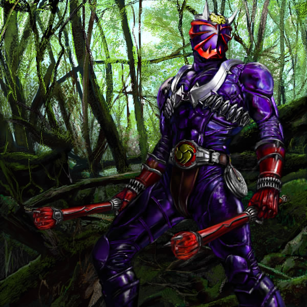 yusao, kamen rider hibiki, kamen rider, kamen rider hibiki (series), drumsticks, forest, male focus, nature, oni, solo, taiko