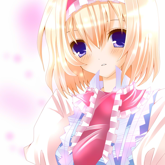 nanase nao, alice margatroid, touhou, bad id, bad pixiv id, 1girl, blonde hair, blue eyes, female focus, gradient background, hairband, short hair, solo, upper body, white background