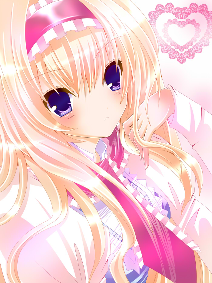 nanase nao, alice margatroid, touhou, bad id, bad pixiv id, 1girl, :<, alternate hair length, alternate hairstyle, blonde hair, blue eyes, female focus, hairband, heart, lace, long hair, solo