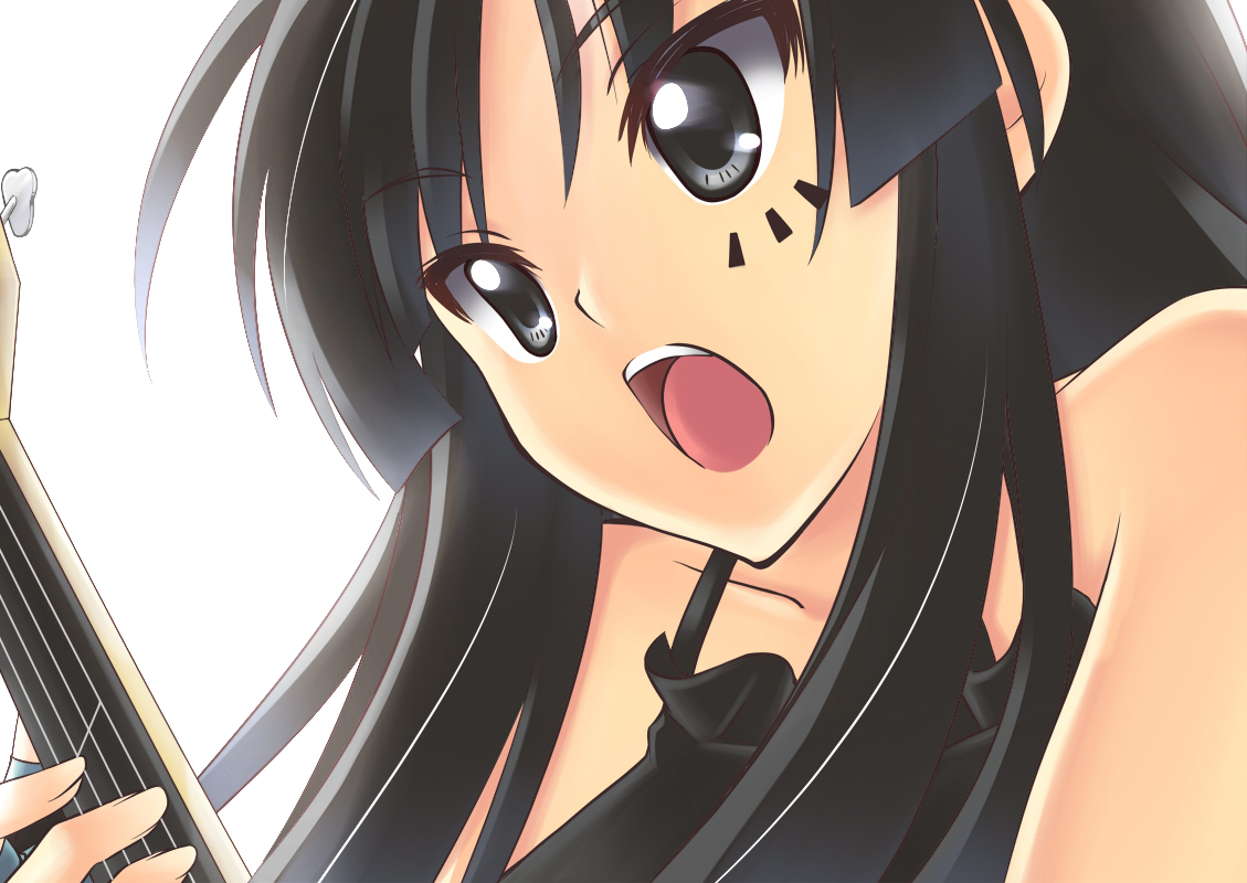 nanashi (soregashi), akiyama mio, don't say "lazy", k-on!, 00s, 1girl, bare shoulders, bass guitar, black hair, blunt bangs, dress, facepaint, female focus, grey eyes, guitar, hime cut, instrument, music, simple background, singing, solo