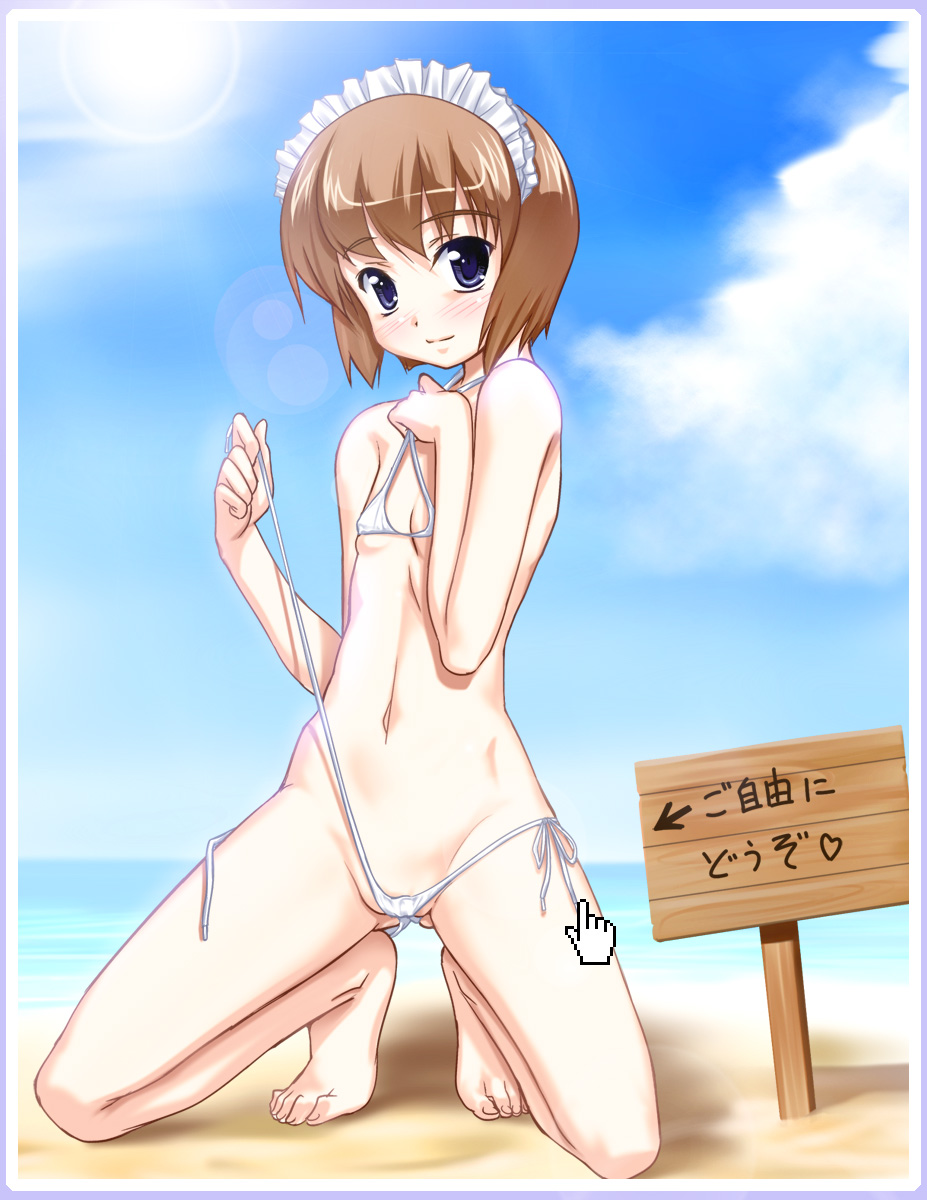aogiri penta, original, untied, highres, translated, 1girl, arrow (symbol), barefoot, beach, bikini, blush, border, brown hair, cloud, cursor, day, feet, female focus, flat chest, hairband, kneeling, lens flare, maid, maid headdress, micro bikini, navel, outdoors, pointer, purple eyes, short hair, side-tie bikini bottom, sky, solo, swimsuit, toes, water, white bikini