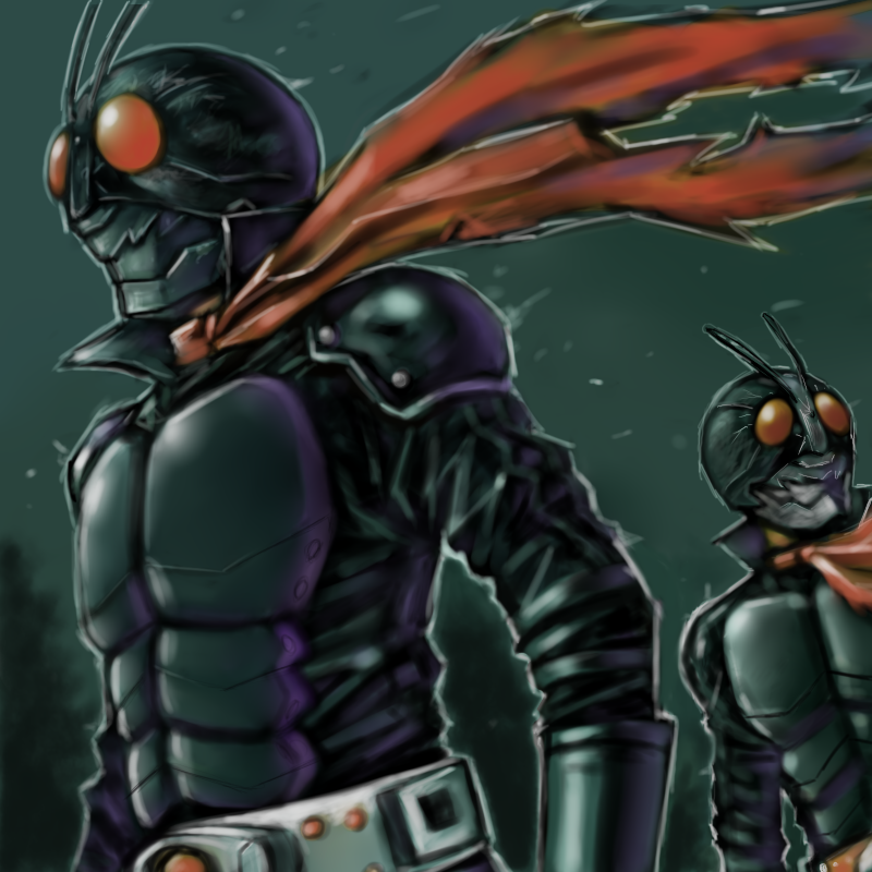 yusao, kamen rider 1, kamen rider 2, kamen rider, kamen rider the first, 2boys, antennae, bodysuit, goggles, headgear, helmet, multiple boys, muscular, scarf, skin tight, upper body