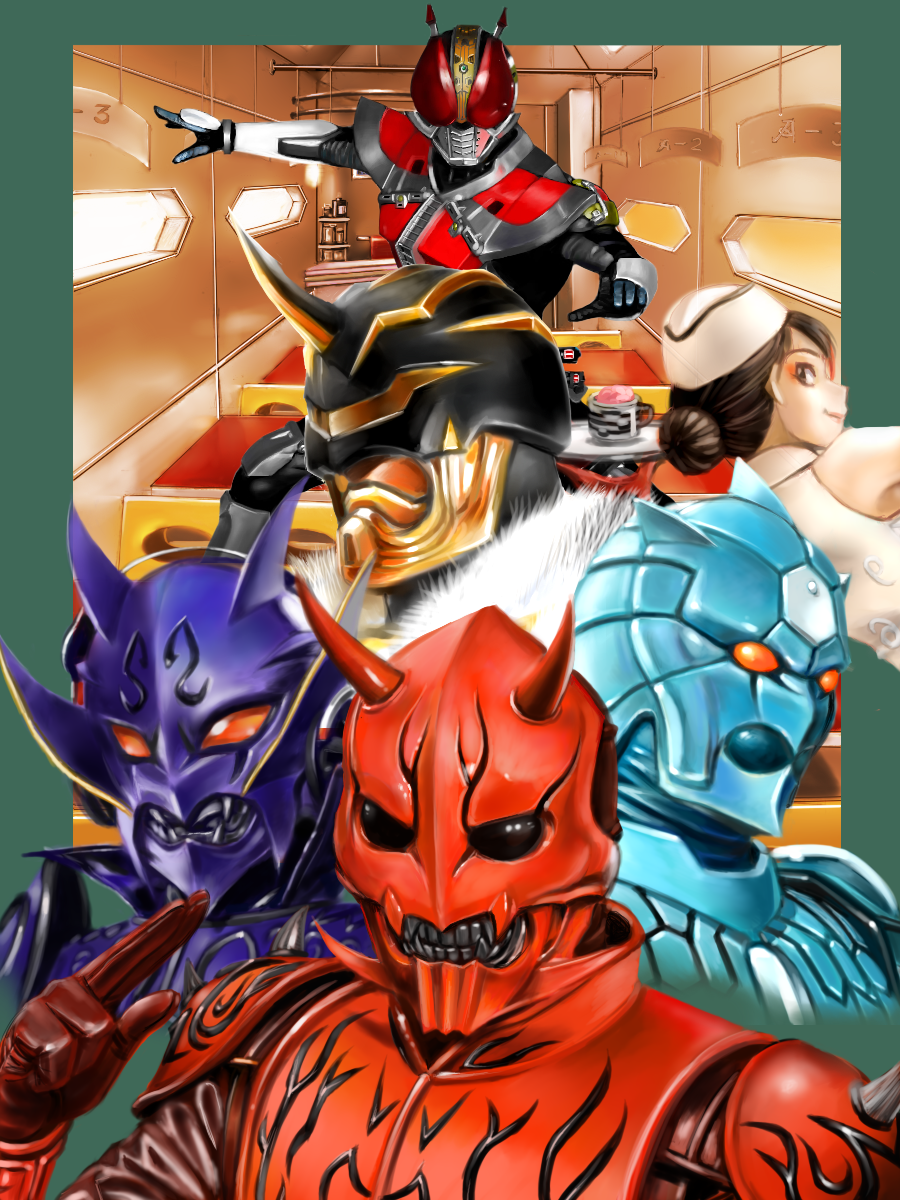 yusao, kamen rider den-o, kamen rider den-o (sword form), kintaros, kintarosu, momotaros, momotarosu, naomi (kamen rider den-o), ryutaros, ryutarosu, urataros, uratarosu, kamen rider, kamen rider den-o (series), highres, 1girl, 4boys, bodysuit, full body, horns, looking at viewer, monster, multiple boys, skin tight, upper body