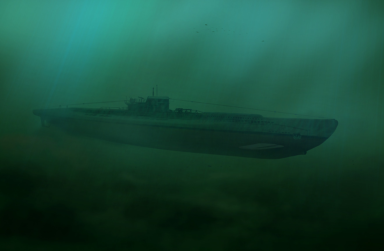 edouard groult, original, kriegsmarine, military vehicle, no humans, ocean, painterly, shadow, submarine, sunlight, underwater, vehicle focus, water, watercraft, world war ii