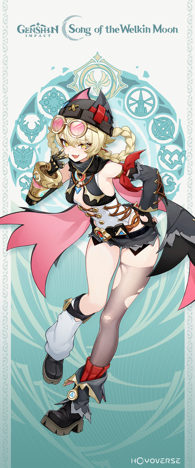 jahoda (genshin impact), genshin impact, commentary, english commentary, highres, official art, 1girl, :d, black boots, black gloves, black hat, black shorts, blonde hair, boots, braid, braided hair rings, breasts, detached sleeves, eyewear on head, full body, gloves, hair rings, hand on own hip, hat, long sleeves, looking at viewer, open mouth, short hair, short shorts, shorts, single loose sock, single thighhigh, small breasts, smile, socks, solo, sunglasses, thighhighs, thighs, torn clothes, torn thighhighs, white socks, yellow eyes