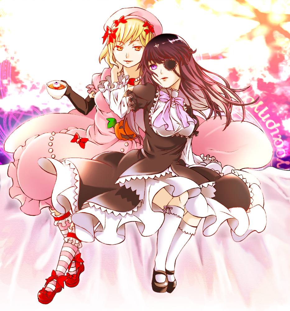 misumi kouji, misumikouji, frederica bernkastel, lambdadelta, umineko no naku koro ni, striped legwear, bad id, bad pixiv id, 00s, 2girls, blonde hair, blue hair, dress, eyeball, eyepatch, hat, multiple girls, pink hat, socks, striped clothes, striped socks, tea