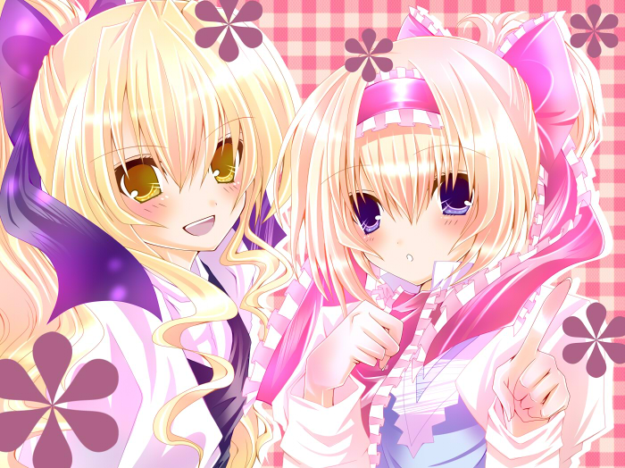 nanase nao, alice margatroid, kirisame marisa, touhou, bad id, bad pixiv id, 2girls, alternate hairstyle, blonde hair, blue eyes, bow, female focus, hair bow, hairband, long hair, multiple girls, short hair, yellow eyes