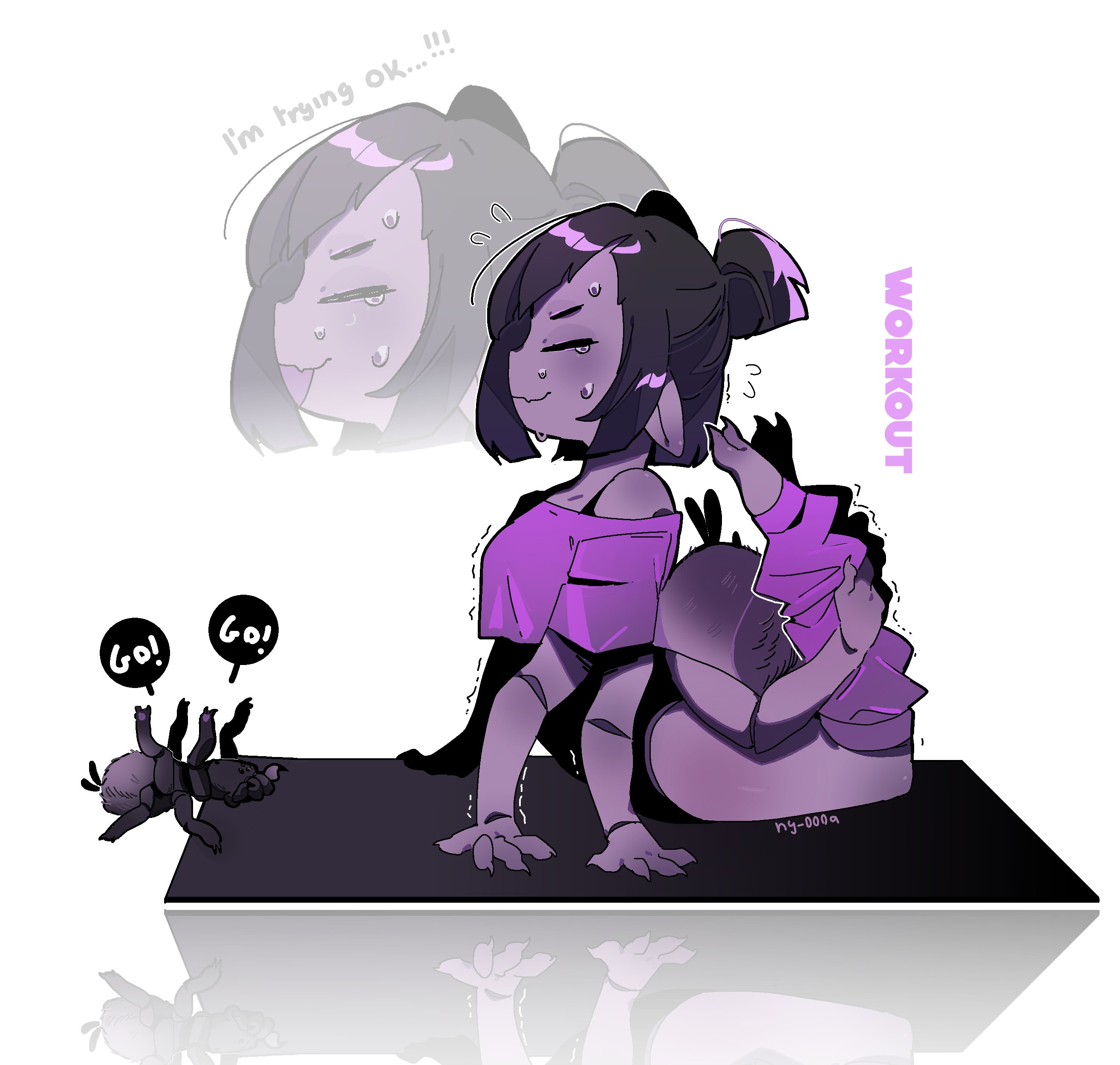 ny 000a, muffet, undertale, utdr (toby fox), absurdres, highres, arthropod girl, bug, closed eyes, colored skin, crop top, extra arms, fang, purple skin, short hair, spider, stretching