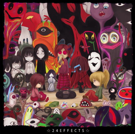 shimo (depthbomb), fc demon, kasei-san, kyukkyu-kun, madotsuki, monoe, monoko, poniko, sekomumasada sensei, tokuto-kun, toriningen, uboa, yuki onna (yume nikki), yume nikki, lowres, 1boy, 6+girls, 6 9, album cover, blouse, collared shirt, cover, creepy, from side, horror (theme), multiple girls, shirt, stereo, white shirt, yuki onna