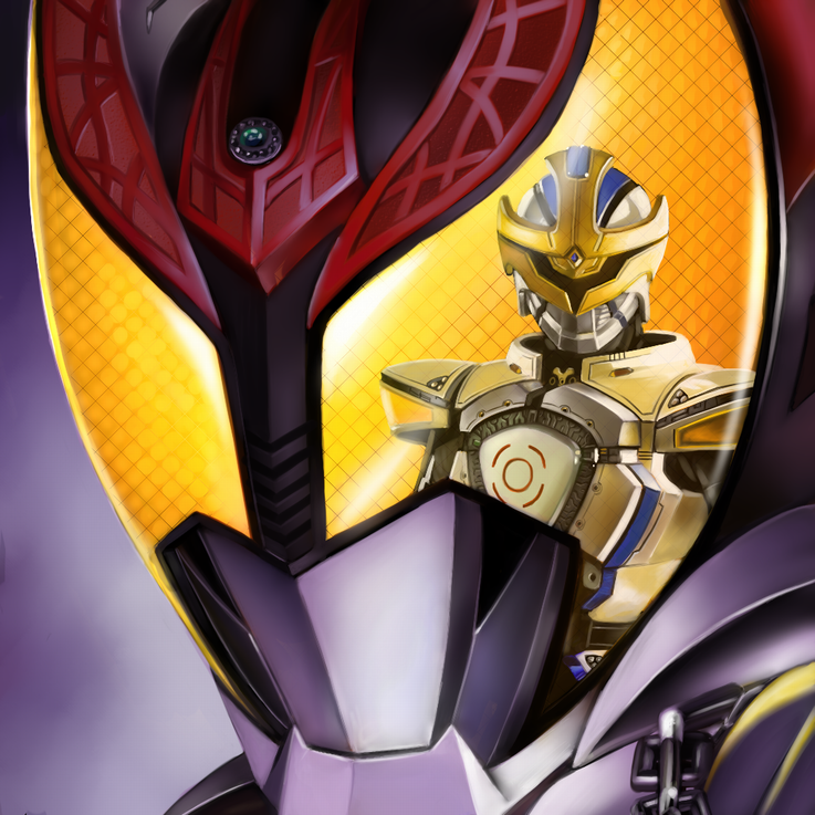 yusao, kamen rider ixa, kamen rider kiva, kamen rider, kamen rider kiva (series), 2boys, close-up, looking at viewer, male focus, multiple boys, reflection, solo focus