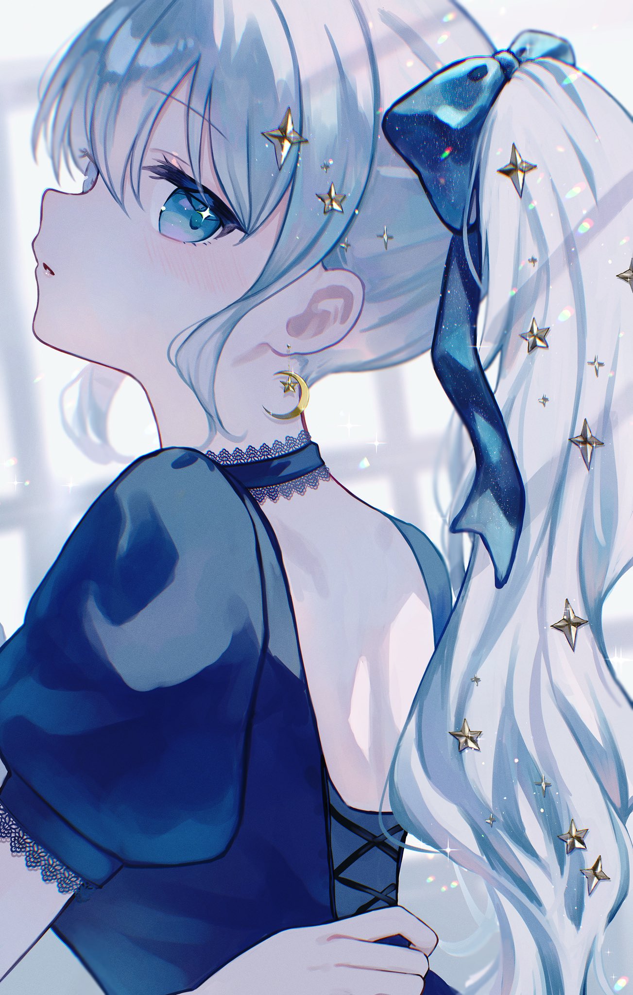 ilis 0226, original, commentary, english commentary, highres, 1girl, black choker, blue bow, blue eyes, blue hair, bow, choker, crescent, crescent earrings, earrings, from behind, hair between eyes, hair bow, hair ornament, jewelry, long hair, looking at viewer, parted lips, ponytail, short sleeves, solo, star (symbol), star hair ornament, upper body