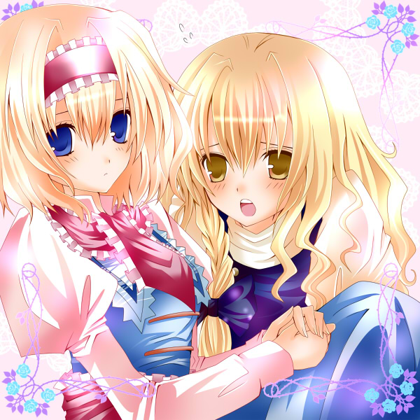 nanase nao, alice margatroid, kirisame marisa, touhou, bad id, bad pixiv id, 2girls, blonde hair, blue eyes, braid, carrying, female focus, hairband, long hair, multiple girls, ribbon, short hair, side braid, yellow eyes