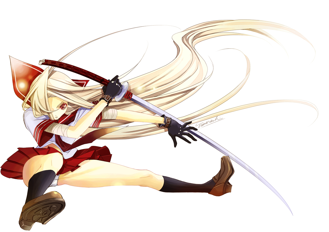 okuma mai, original, bad id, bad pixiv id, blonde hair, gloves, long hair, panties, school uniform, serafuku, solo, sword, underwear, very long hair, weapon