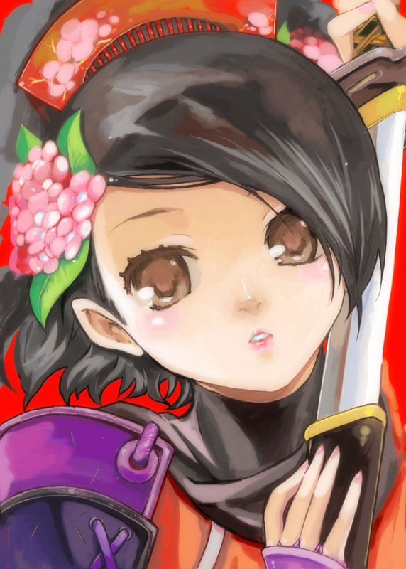 akitsu, akitsu mikami, momohime, oboro muramasa, 1girl, armor, black hair, brown eyes, comb, female focus, flower, hair flower, hair ornament, hydrangea, sheath, short hair, solo, sword, unsheathing, weapon