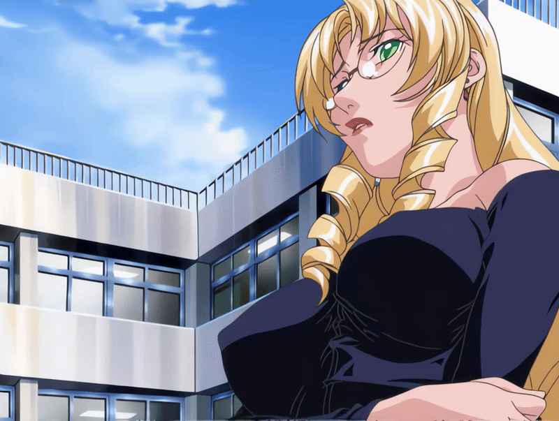 imari kurumi, shiraki rika, bible black, bible black new testament, shin bible black, animated, animated gif, anime screenshot, tagme, 00s, 2005, 2girls, bare shoulders, blonde hair, breasts, brown hair, crossed arms, drill hair, earrings, glasses, green eyes, jewelry, large breasts, lipstick, long hair, long sleeves, makeup, multiple girls, nipple stimulation through clothes, school, side ponytail, teacher