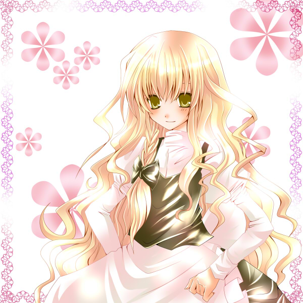 nanase nao, kirisame marisa, touhou, bad id, bad pixiv id, 1girl, blonde hair, braid, female focus, long hair, ribbon, side braid, skirt, solo, white background, yellow eyes