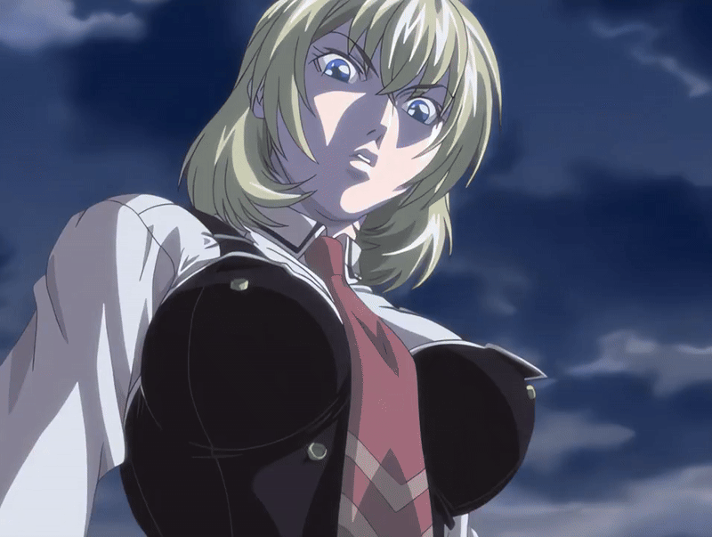 jody crowley, bible black, bible black new testament, shin bible black, animated, animated gif, anime screenshot, tagme, 00s, 1girl, 2005, american, blonde hair, bouncing breasts, bow, bowtie, breasts, cloud, cloudy sky, female focus, large breasts, pentagram, school uniform, shirt, short hair, sky, smirk