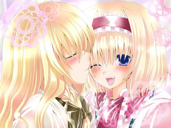 nanase nao, alice margatroid, kirisame marisa, touhou, bad id, bad pixiv id, 2girls, blonde hair, blue eyes, blush, braid, closed eyes, female focus, hairband, kiss, long hair, multiple girls, ribbon, short hair, side braid, wink, yuri