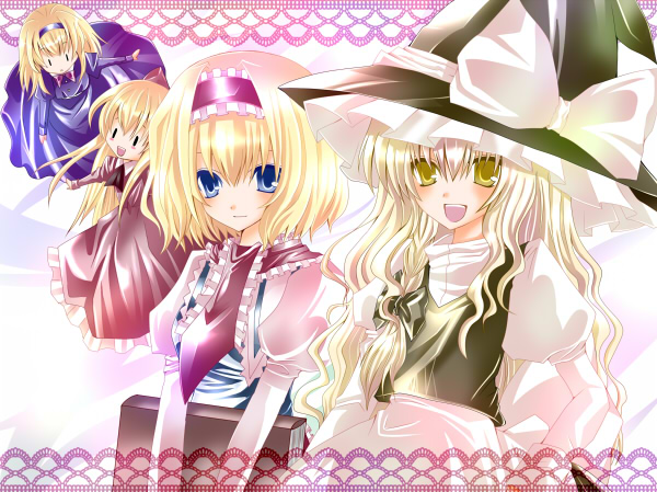 nanase nao, alice margatroid, hourai doll, kirisame marisa, shanghai doll, touhou, bad id, bad pixiv id, 2girls, blonde hair, blue eyes, book, braid, doll, female focus, grimoire, grimoire of alice, hairband, hat, multiple girls, ribbon, short hair, side braid, witch, witch hat, yellow eyes