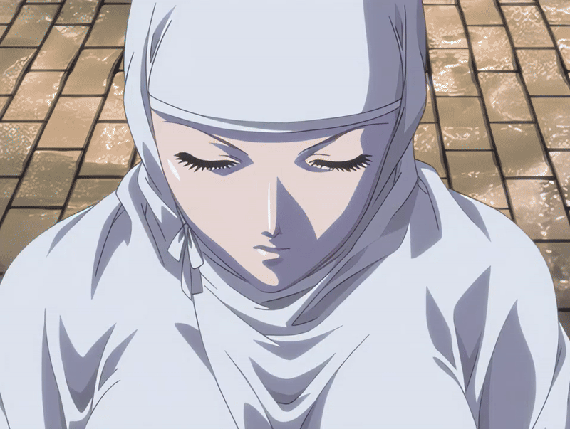 takashiro hiroko, bible black, bible black new testament, shin bible black, animated, animated gif, anime screenshot, tagme, 1girl, 2005, beads, breasts, closed eyes, large breasts, mature female, monk, religious, robe, smile, veil