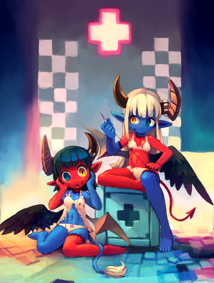 chingisu, original, bad id, bad pixiv id, 2girls, babydoll, blood, blue skin, body part swap, bra, colored skin, demon girl, demon tail, green hair, heterochromia, horns, lingerie, long hair, multiple girls, needle, panties, pointy ears, red skin, scar, short hair, stitches, tail, underwear, underwear only, white hair, wings