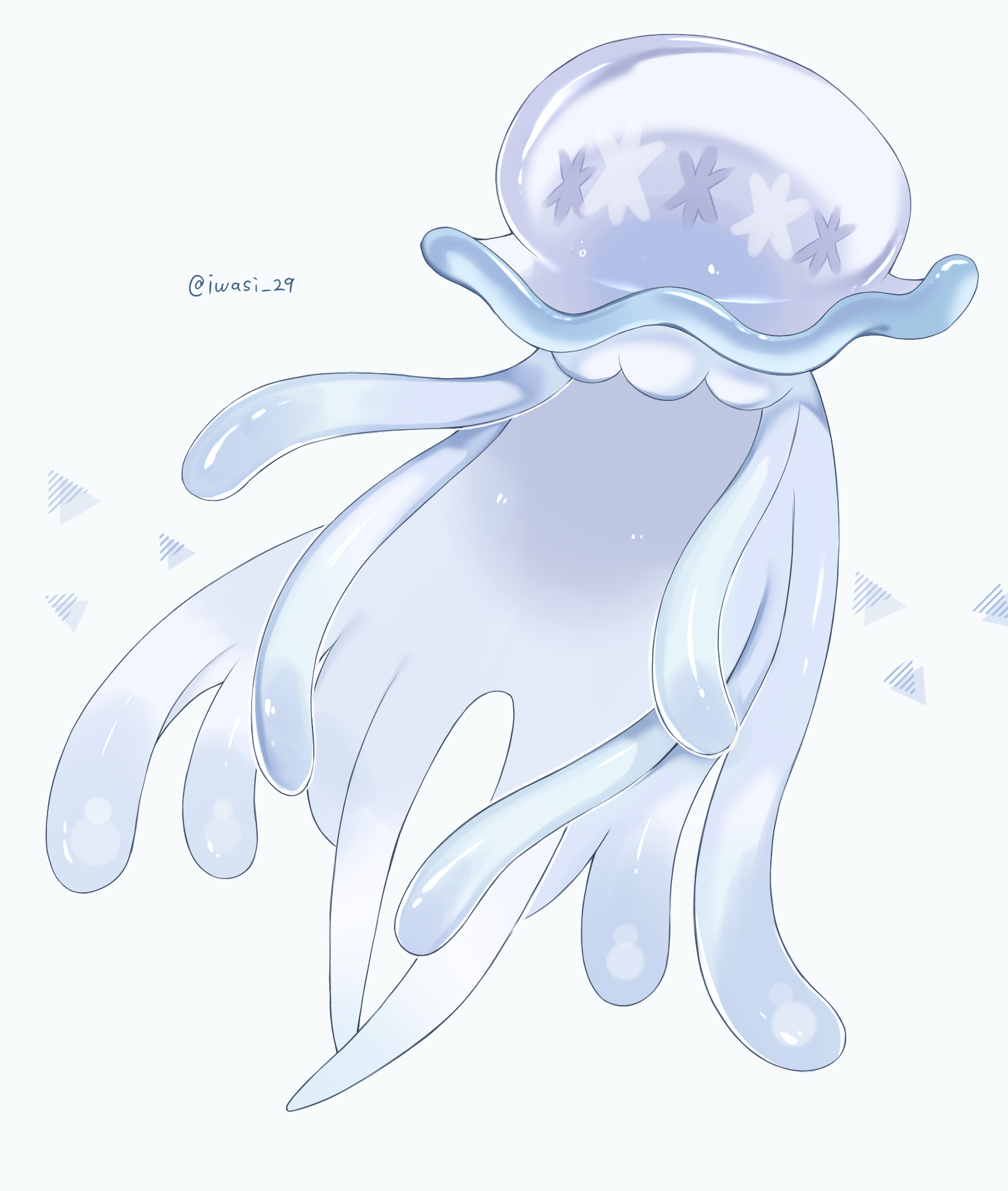 iwasi 29, nihilego, nintendo, pokemon, commentary request, highres, animal focus, artist name, gen 7 pokemon, jellyfish, no humans, pokemon (creature), simple background, tentacles, twitter username, ultra beast, white background