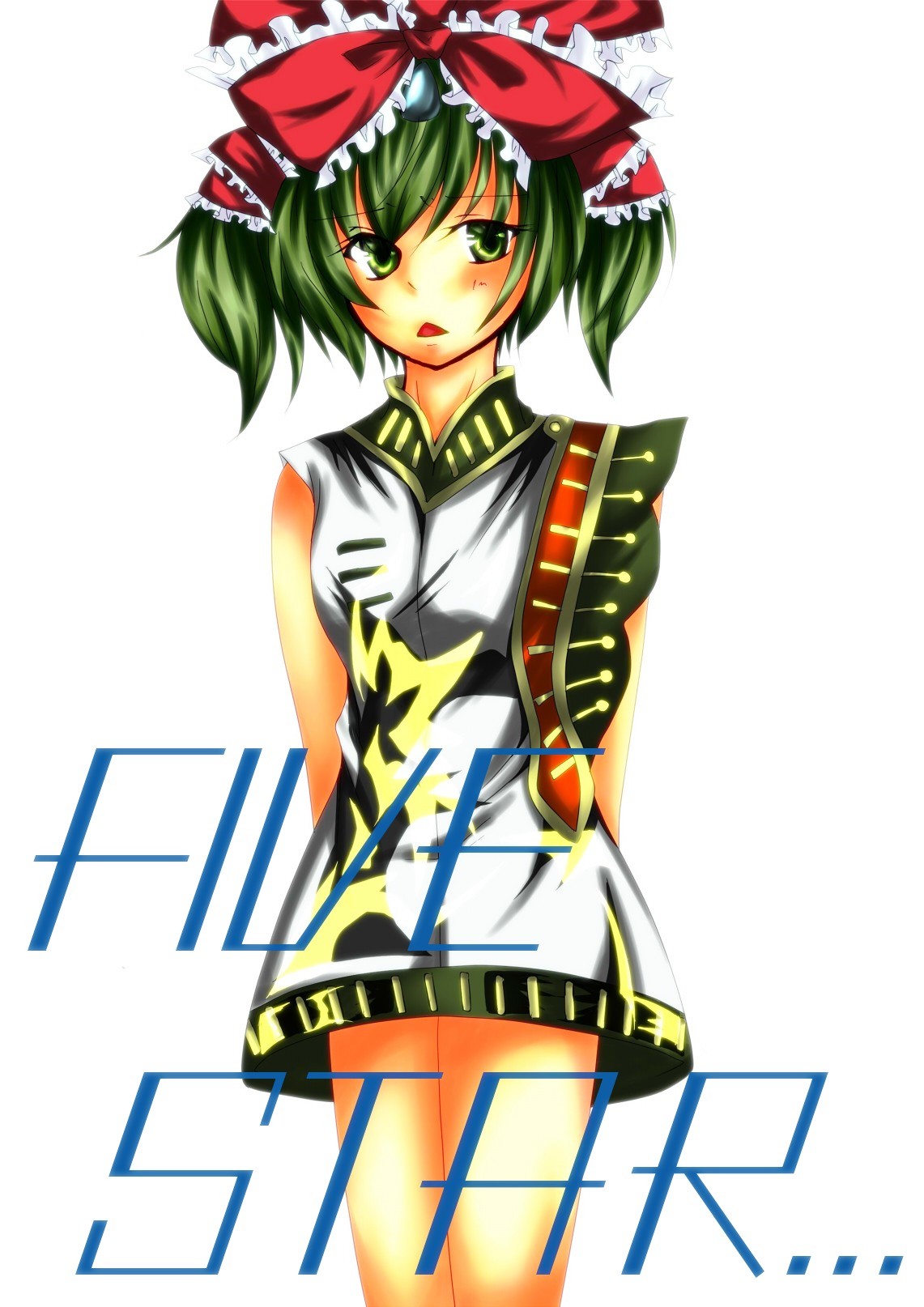 nonomiya, kagiyama hina, five star stories, touhou, bad id, bad pixiv id, highres, 1girl, :<, alternate costume, alternate hairstyle, female focus, green eyes, green hair, matching hair/eyes, parody, short hair, solo, twintails