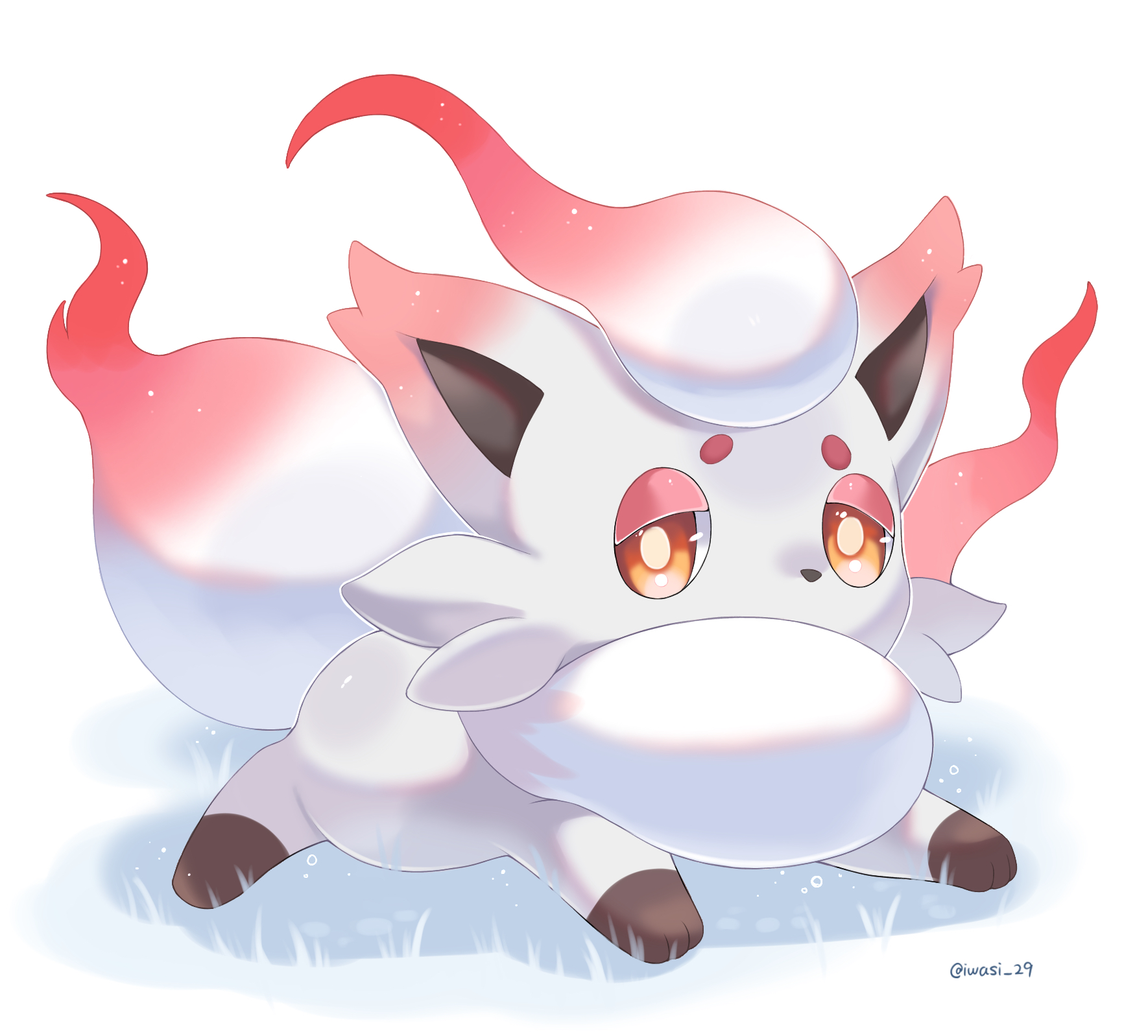 iwasi 29, hisuian zorua, nintendo, pokemon, commentary request, highres, animal focus, artist name, gradient fur, lying, no humans, on grass, on stomach, pokemon (creature), red fur, simple background, twitter username, white background, white fur, yellow eyes