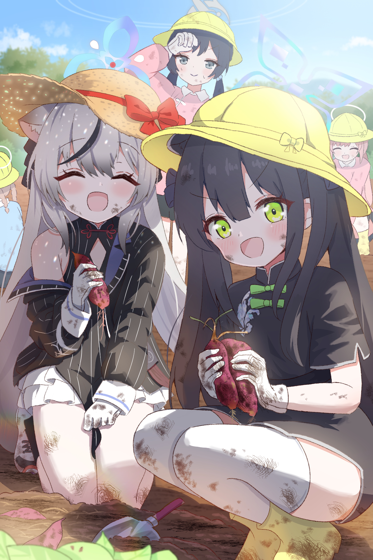 mikumiku37, kisaki (blue archive), kisaki (kindergarten uniform) (blue archive), kokona (blue archive), shun (blue archive), shun (small) (blue archive), blue archive, commentary request, highres, 5girls, :d, ^ ^, adapted costume, animal ear fluff, animal ears, black dress, black hair, black jacket, blue halo, blue sky, blunt bangs, blush, boots, bow, china dress, chinese clothes, clenched hand, closed eyes, clothing cutout, cross-laced shoes, day, diamond cutout, dirty, dirty clothes, dirty face, doyagao, dress, dress bow, extra ears, facing viewer, food, full body, gloves, green bow, green eyes, grey hair, grey halo, hair between eyes, halo, hand up, happy, hat, hat bow, holding, holding food, jacket, kindergarten uniform, kneeling, long hair, looking at viewer, multicolored hair, multiple girls, official alternate costume, official alternate hairstyle, on ground, open mouth, outdoors, pink shirt, red bow, rubber boots, school hat, shirt, shoes, short sleeves, siblings, sidelighting, single bare shoulder, sisters, sky, sleeveless, sleeveless dress, smile, smug, sneakers, squatting, straight hair, straw hat, streaked hair, striped clothes, striped jacket, sunlight, thighhighs, thighs, tiger ears, two side up, v-shaped eyebrows, vertical-striped clothes, vertical-striped jacket, very long hair, white gloves, white shoes, white thighhighs, yellow boots, yellow hat