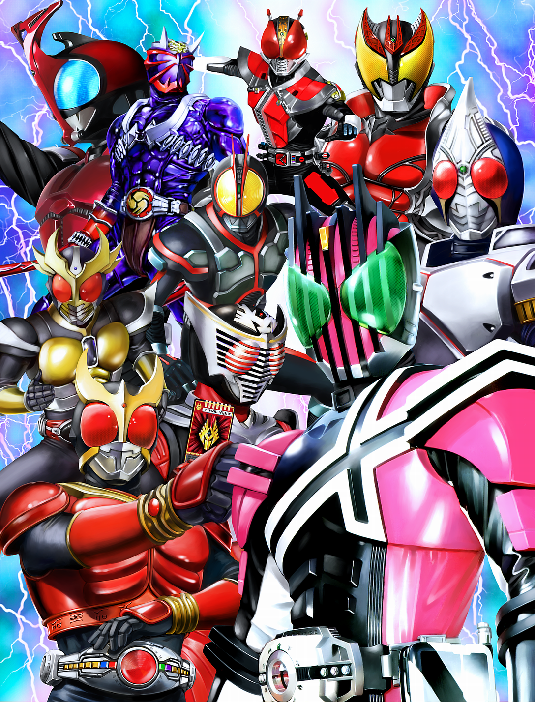 yusao, kamen rider agito, kamen rider agito (ground form), kamen rider blade, kamen rider decade, kamen rider den-o, kamen rider den-o (sword form), kamen rider faiz, kamen rider hibiki, kamen rider kabuto, kamen rider kuuga, kamen rider ryuki, kamen rider, kamen rider decade (series), highres, 6+boys, belt, everyone, male focus, multiple boys