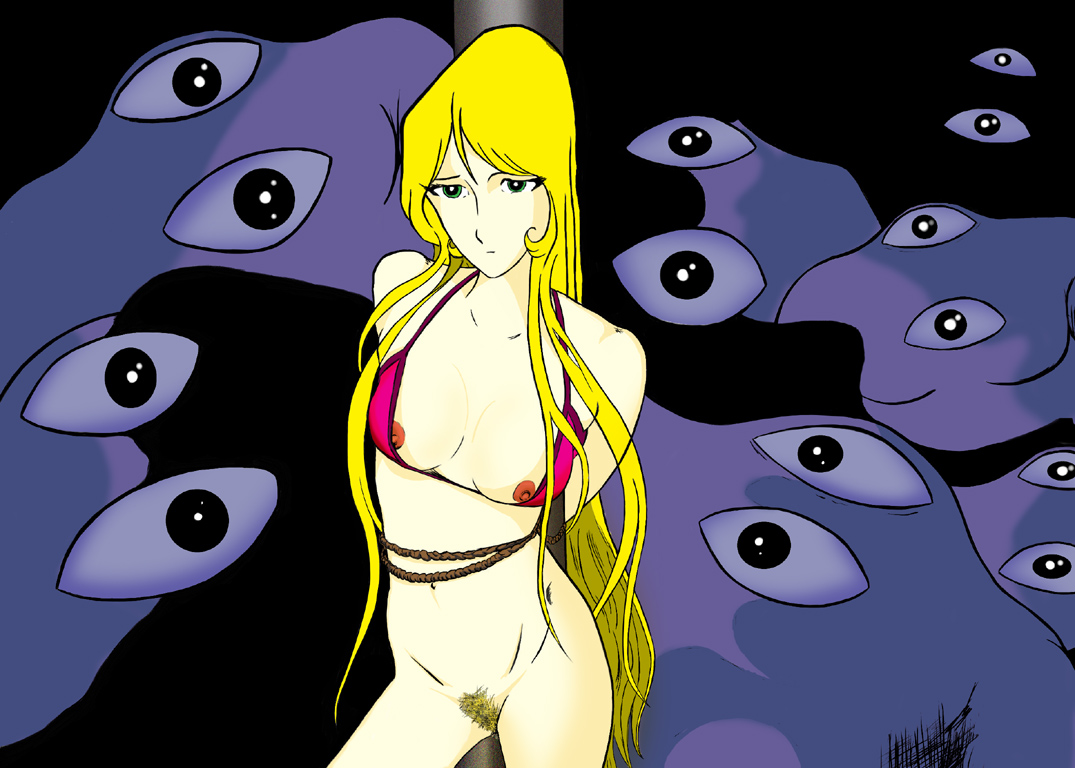 maetel, ginga tetsudou 999, bdsm, bikini, blonde hair, bondage, bottomless, bound, breasts, green eyes, long hair, nipple slip, nipples, pubic hair, swimsuit, very long hair