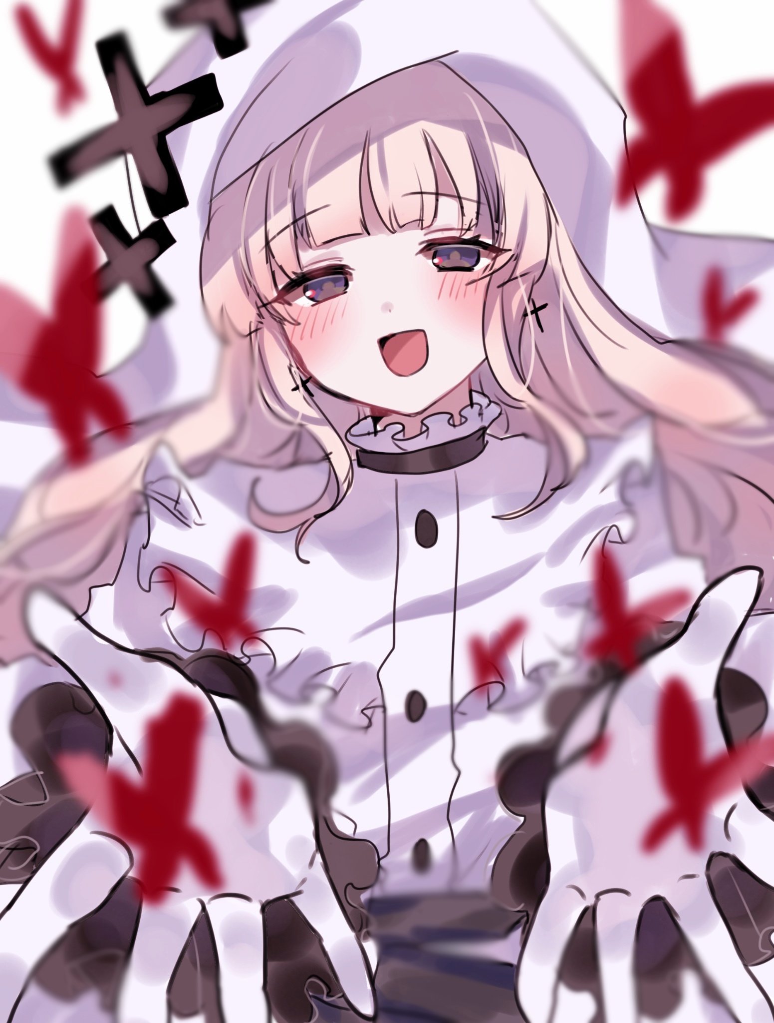 tosiosito, hikami meruru, mahou shoujo no majo saiban, highres, 1girl, :d, blonde hair, blunt bangs, blurry, blurry foreground, bug, butterfly, cross, cross earrings, earrings, gloves, insect, jewelry, long hair, long sleeves, looking at viewer, open hands, open mouth, priestess, purple eyes, red butterfly, smile, solo, upper body, veil, white background, white gloves, white veil