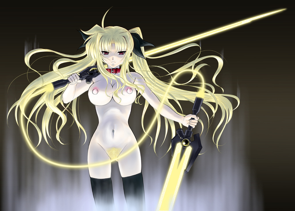 alpine, bardiche (nanoha), bardiche (riot zanber stinger) (nanoha), fate testarossa, lyrical nanoha, mahou shoujo lyrical nanoha, mahou shoujo lyrical nanoha strikers, 00s, 1girl, black thighhighs, breasts, energy sword, female focus, female pubic hair, holding, holding sword, holding weapon, medium breasts, nipple piercing, nipple rings, nipples, nude, piercing, pubic hair, solo, standing, sword, thighhighs, weapon