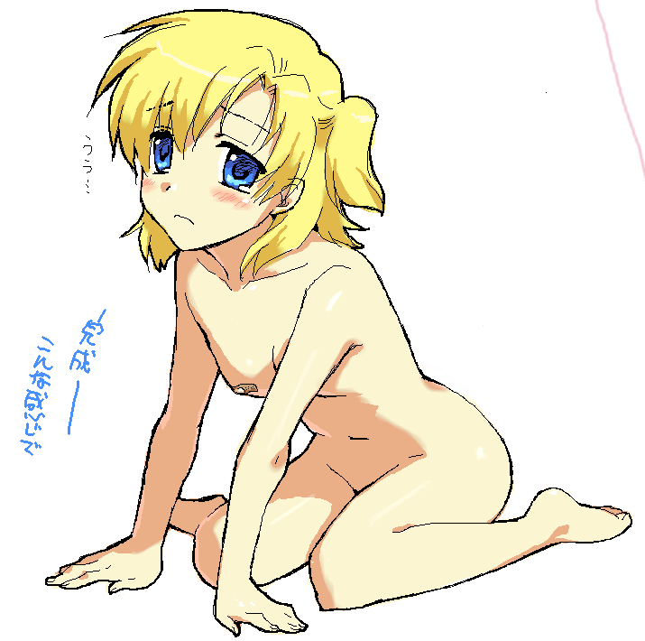 misaki juri, sunohara youhei, sunohara youko, clannad, bad id, bad pixiv id, 00s, 1girl, all fours, bandaid, bandaids on nipples, barefoot, blonde hair, blue eyes, blush, breasts, feet, female focus, flat chest, full body, genderswap, genderswap (mtf), kneeling, legs, nude, oekaki, pasties, sad, side ponytail, simple background, sketch, solo, tears, toes, white background